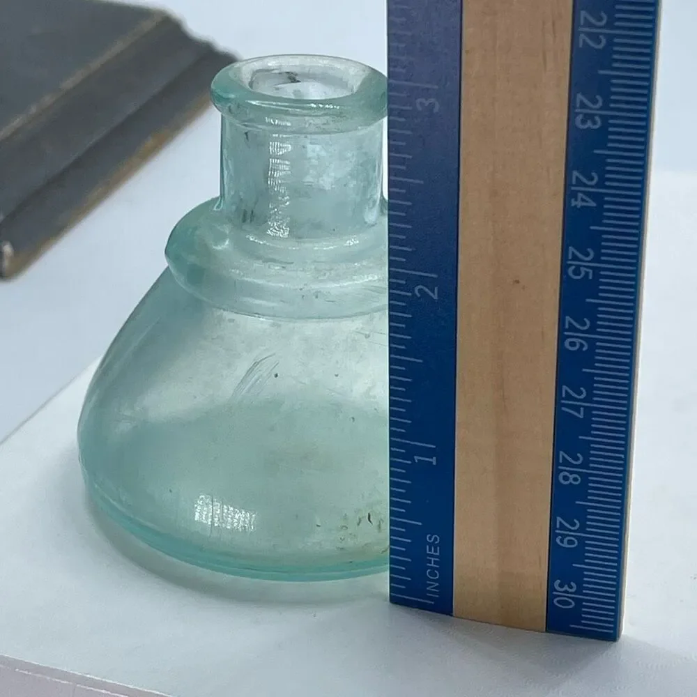 Antique Aqua -colored glass ink bottle Victorian era. Conical or umbrella shaped